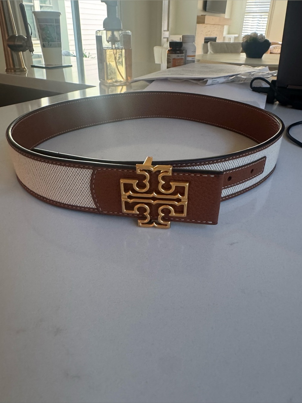 Tory Burch White Canvas and Brown Leather Belt with Gold Double-T Buckle
